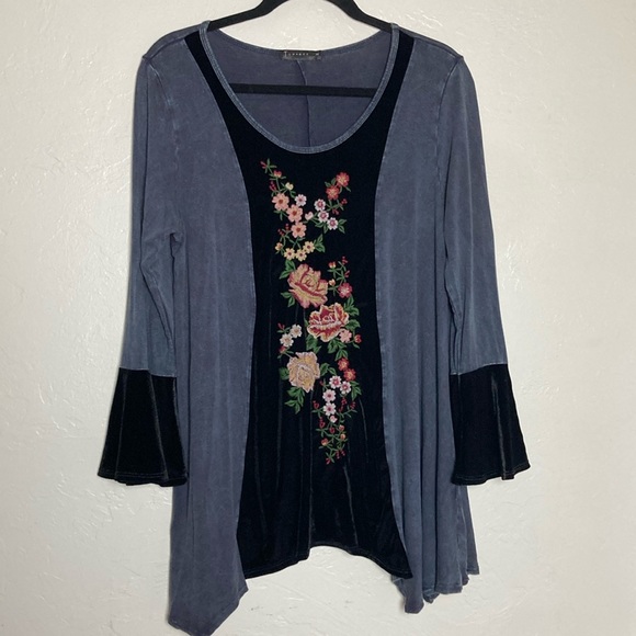 Embroidered Velvet & Stretch Cotton Scoop Neck Long Sleeve Extra Long Top M/L - Picture 2 of 11